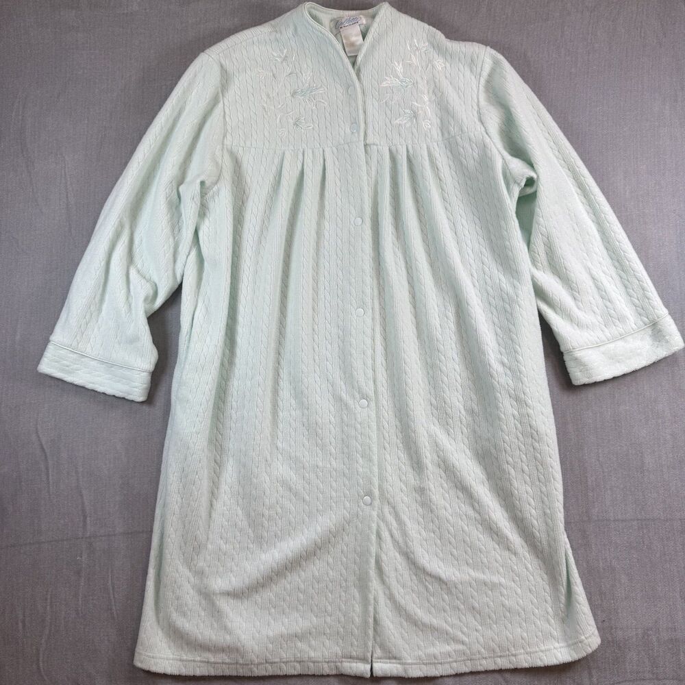 Collette Miss Elaine Robe Women XL Mint Green Fleece Snap Button Housecoat